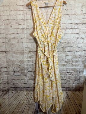 Ava & Viv Yellow and White Floral Medi Asymmetric Hem Belted Boho Dress Size 3X